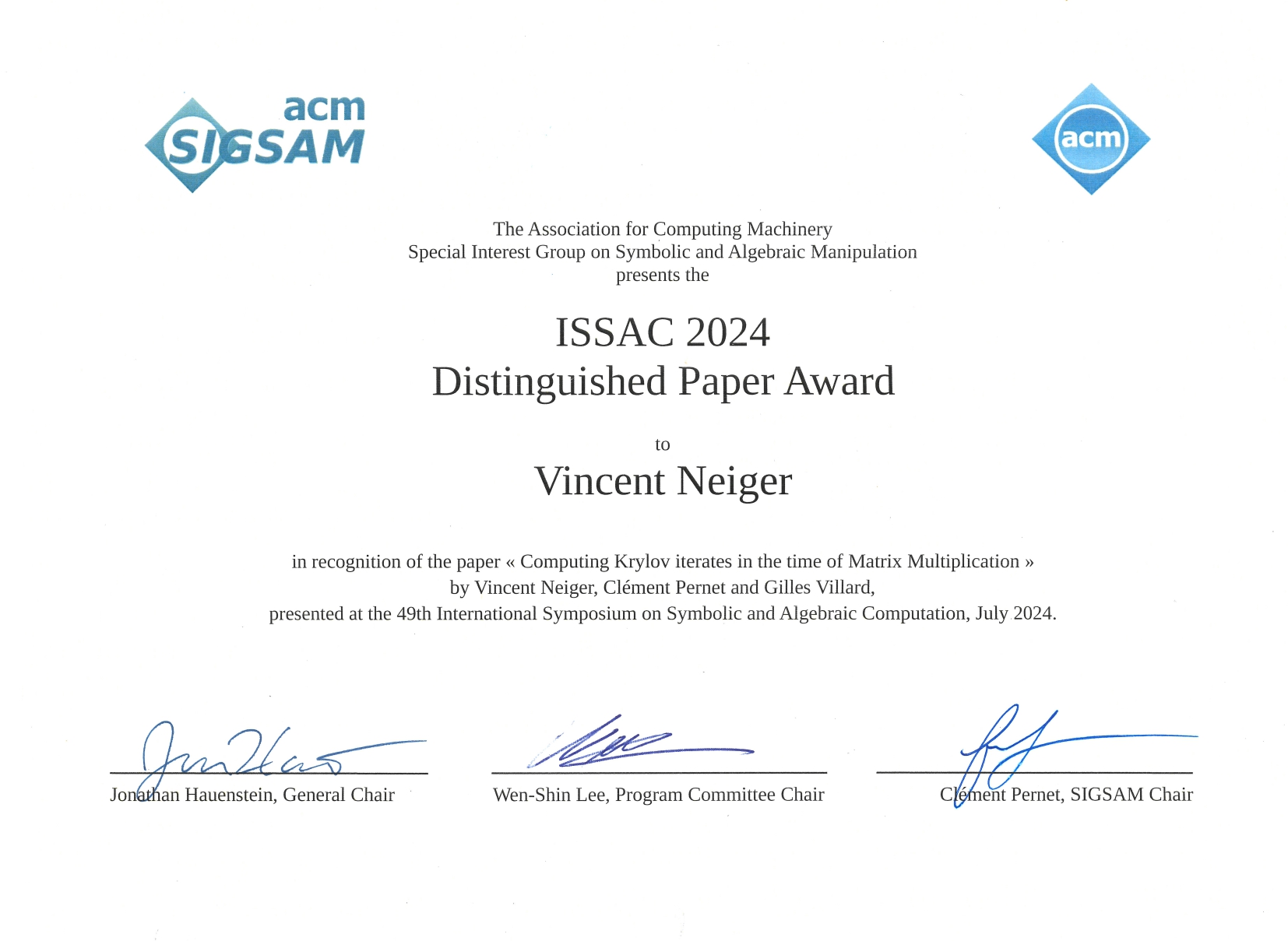 Distinguished Paper Award reçu à ISSAC 2024